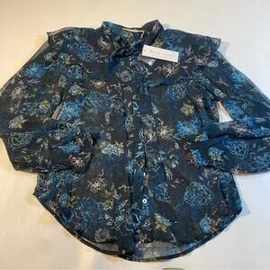 NWT Bishop‎ + Young Size L Selena Blue Floral Sheer Tie Neck Ruffle Poet Blouse